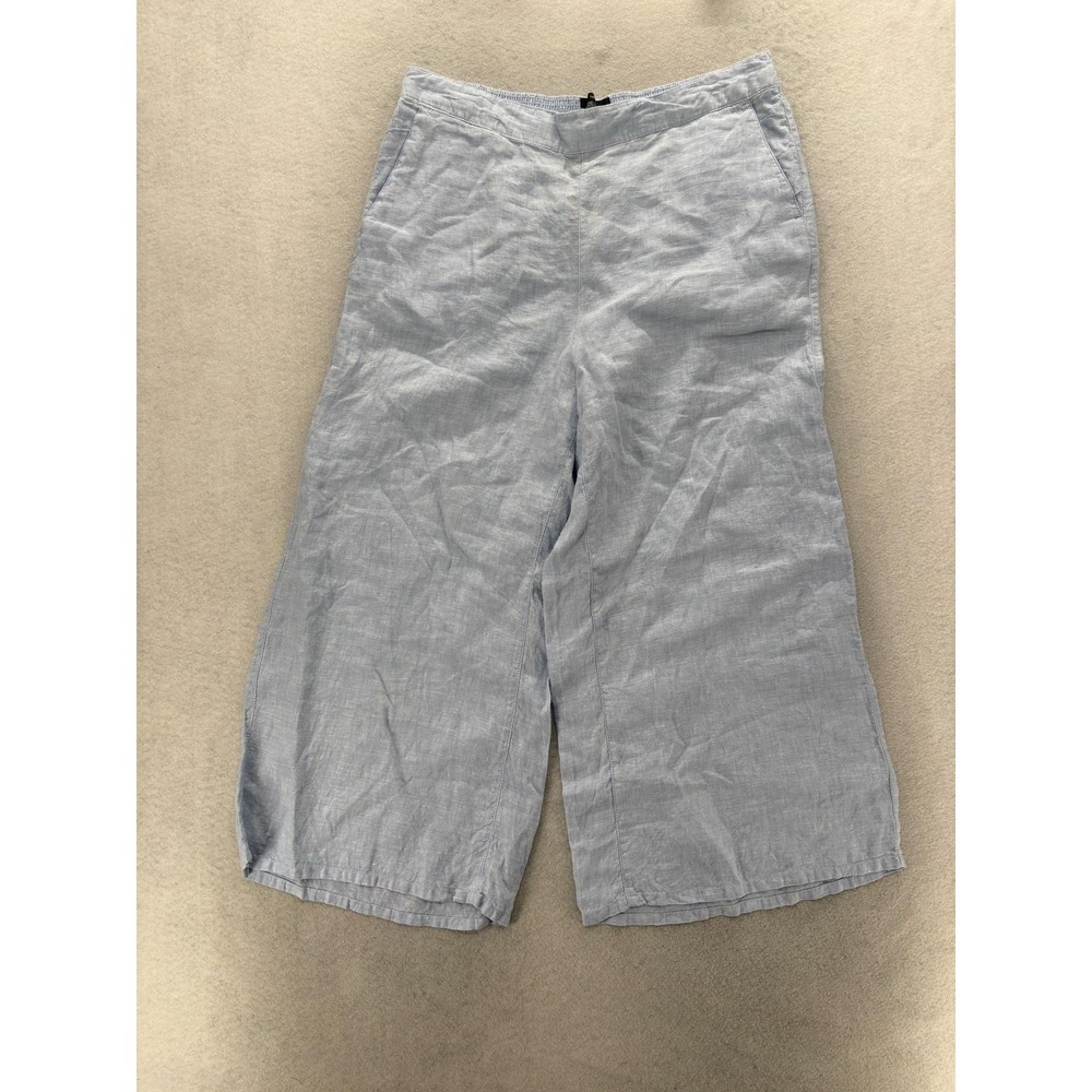 Tahari Luxe Linen Crop Pants Womens XL Blue Wide Leg Pull On Elastic Waist NWT